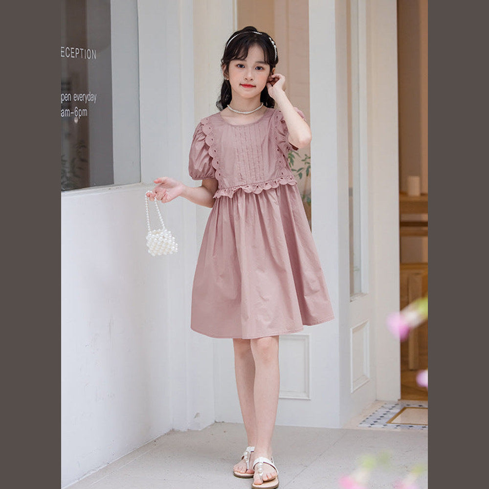 MyKids-USA® Kids Girls Simple Style Solid Color Plain Cotton Short Sleeves Hollow Out Trim Dress
