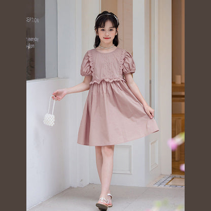 MyKids-USA® Kids Girls Simple Style Solid Color Plain Cotton Short Sleeves Hollow Out Trim Dress