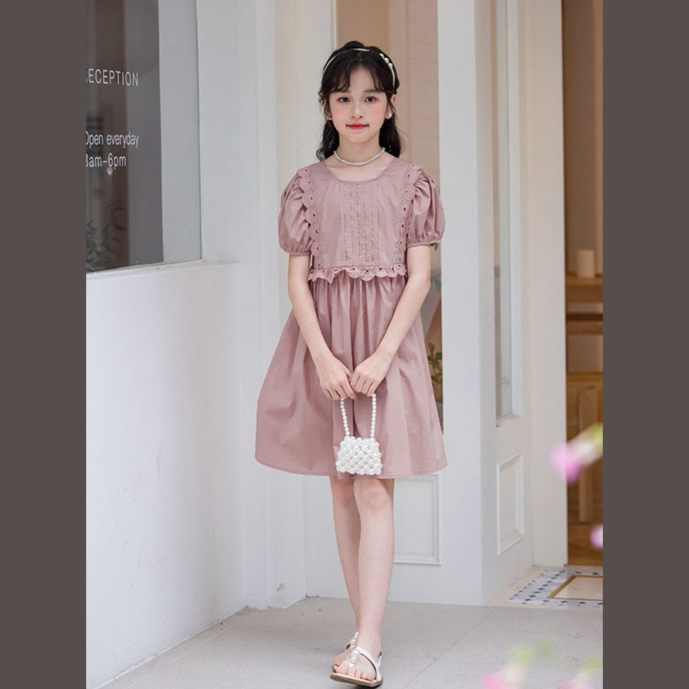 MyKids-USA® Kids Girls Simple Style Solid Color Plain Cotton Short Sleeves Hollow Out Trim Dress