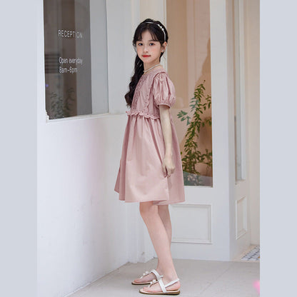 MyKids-USA® Kids Girls Simple Style Solid Color Plain Cotton Short Sleeves Hollow Out Trim Dress