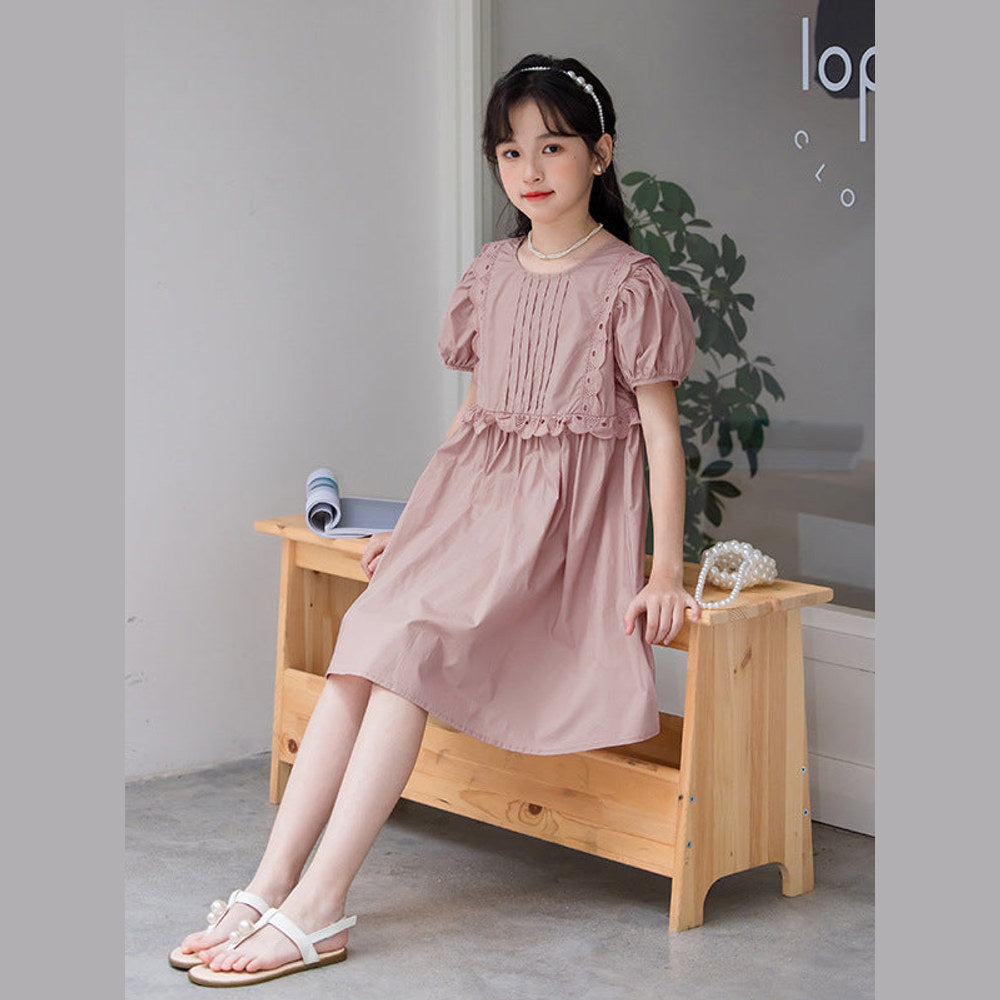 MyKids-USA® Kids Girls Simple Style Solid Color Plain Cotton Short Sleeves Hollow Out Trim Dress