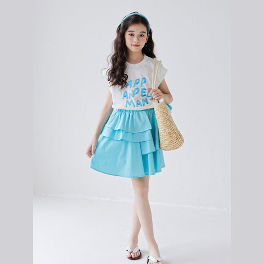 MyKids-USA® Girls Letters Pattern Sleeveless T-Shirt And Solid Color Pleated Skirts Clothing Set