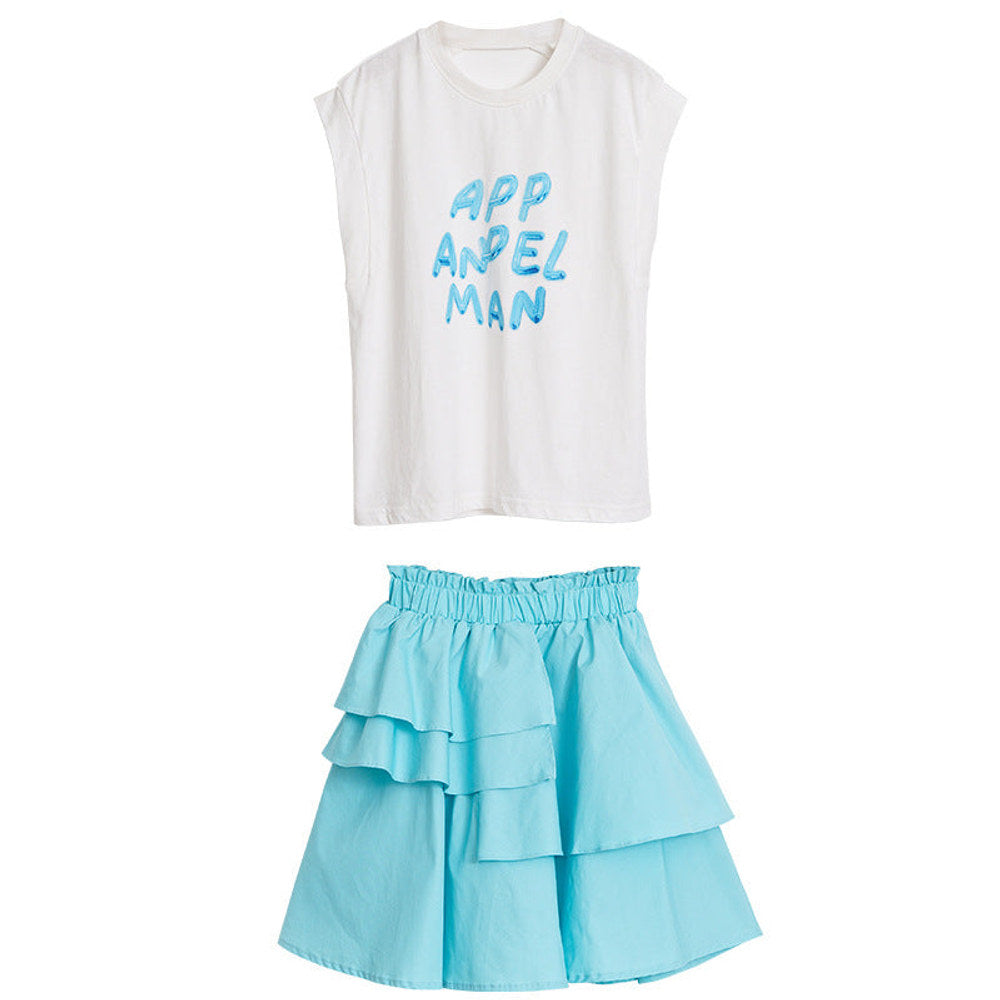MyKids-USA® Girls Letters Pattern Sleeveless T-Shirt And Solid Color Pleated Skirts Clothing Set