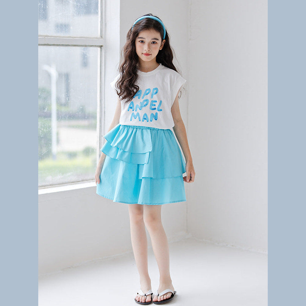 MyKids-USA® Girls Letters Pattern Sleeveless T-Shirt And Solid Color Pleated Skirts Clothing Set