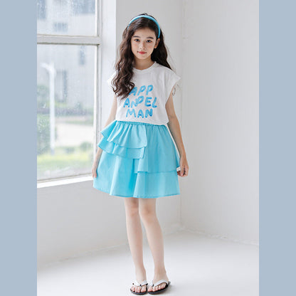 MyKids-USA® Girls Letters Pattern Sleeveless T-Shirt And Solid Color Pleated Skirts Clothing Set