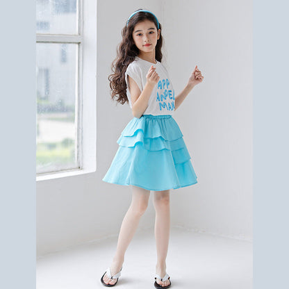 MyKids-USA® Girls Letters Pattern Sleeveless T-Shirt And Solid Color Pleated Skirts Clothing Set