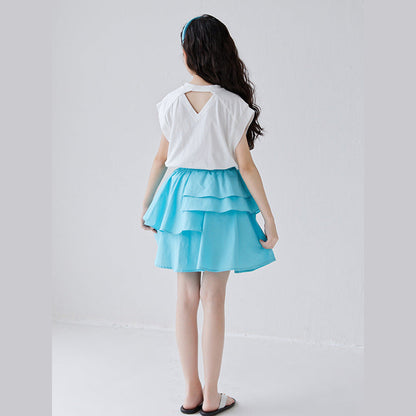 MyKids-USA® Girls Letters Pattern Sleeveless T-Shirt And Solid Color Pleated Skirts Clothing Set