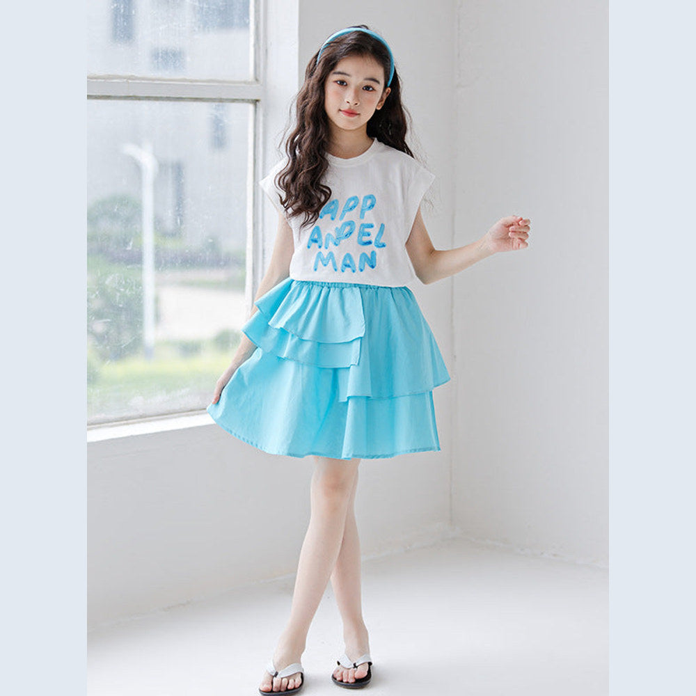 MyKids-USA® Girls Letters Pattern Sleeveless T-Shirt And Solid Color Pleated Skirts Clothing Set
