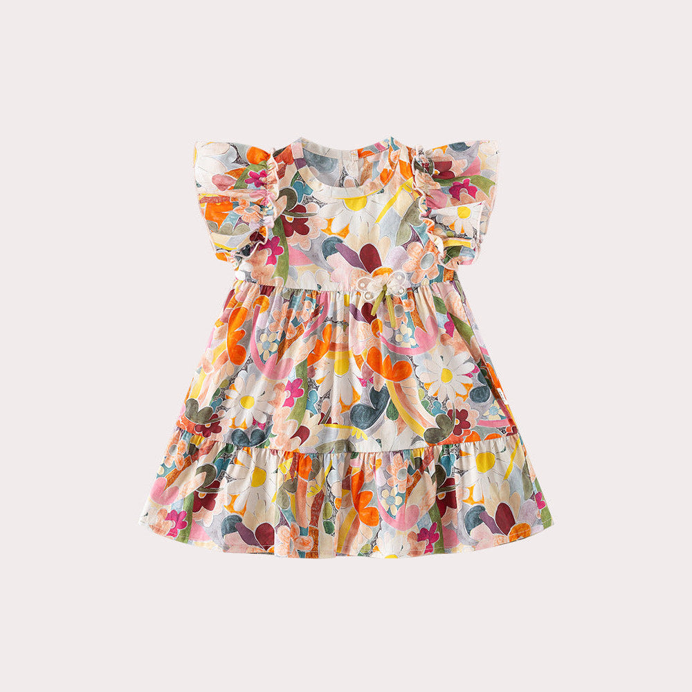 MyKids-USA® Baby Girls Floral Print Crew Neck Fly Sleeves Dress