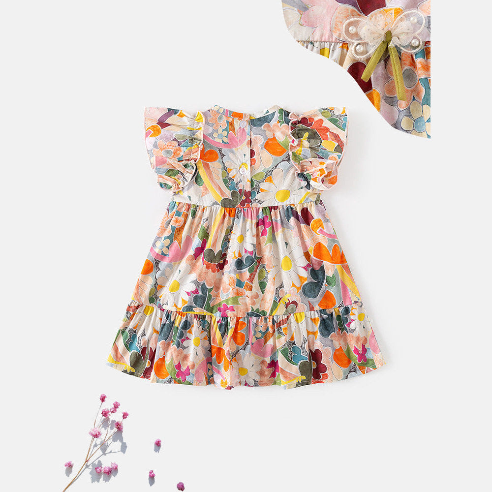 MyKids-USA® Baby Girls Floral Print Crew Neck Fly Sleeves Dress