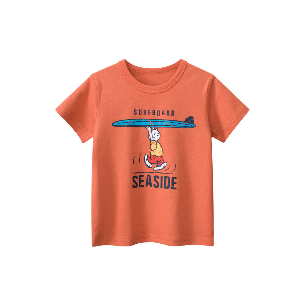 MyKids-USA® Boys’ Cartoon Seaside Cat And Letters Print T-Shirt In European And American Style