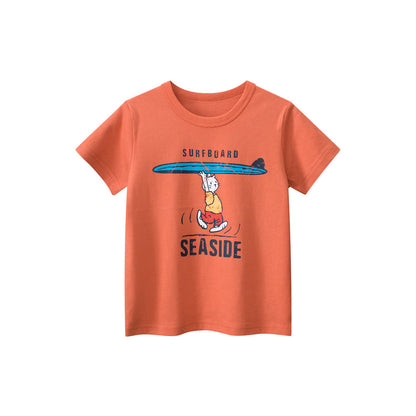 MyKids-USA® Boys’ Cartoon Seaside Cat And Letters Print T-Shirt In European And American Style