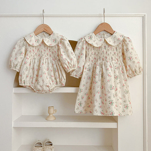MyKids-USA® Floral Print Baby Kids Peter Pan Collar bodysuit And Girls’ Dress – Princess Sister Matching Set