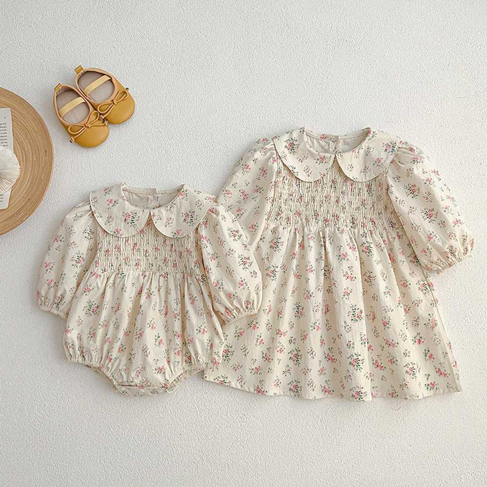 MyKids-USA® Floral Print Baby Kids Peter Pan Collar bodysuit or Girls’ Dress – Princess Sister Matching