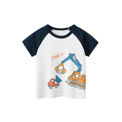 MyKids-USA® Boys’ Cartoon Excavator And Truck Print T-Shirt In European And American Style