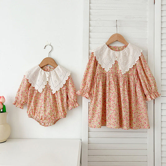 MyKids-USA® Floral Print Baby Kids Girls Hollow-Out Collar bodysuit And Dress – Princess Sister Matching Set