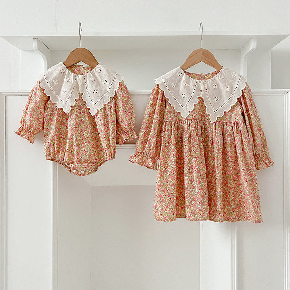 Arrival Autumn Floral Print Baby Kids Girls Hollow-Out Collar bodysuit And Dress – Princess Sister Matching Set