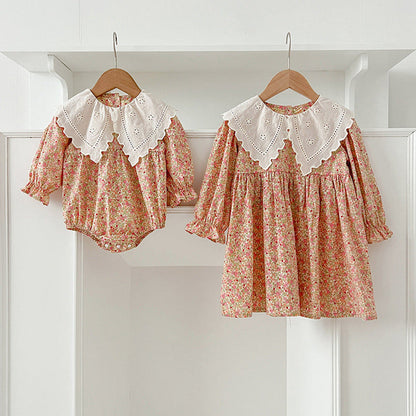 Arrival Autumn Floral Print Baby Kids Girls Hollow-Out Collar bodysuit And Dress – Princess Sister Matching Set