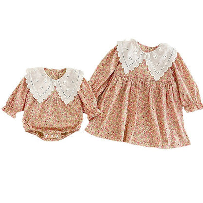 Arrival Autumn Floral Print Baby Kids Girls Hollow-Out Collar bodysuit And Dress – Princess Sister Matching Set