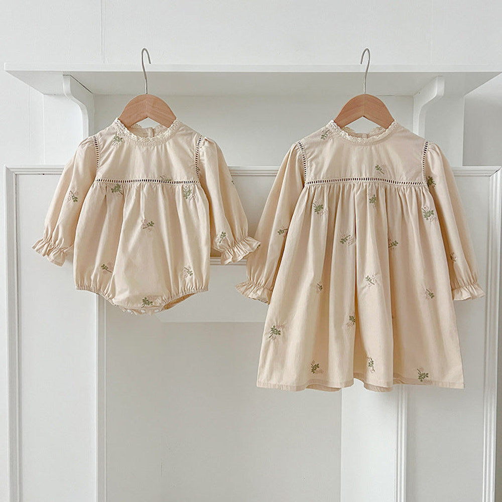 MyKids-USA® Floral Embroidery Pattern Baby Kids Girls Lace Trim Neck bodysuit or Dress – Princess Sister Matching
