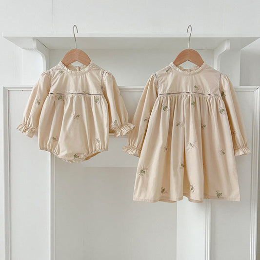 MyKids-USA® Floral Embroidery Pattern Baby Kids Girls Lace Trim Neck bodysuit And Dress – Princess Sister Matching Set