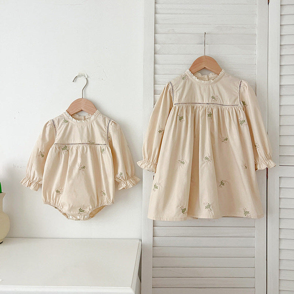 MyKids-USA® Floral Embroidery Pattern Baby Kids Girls Lace Trim Neck bodysuit or Dress – Princess Sister Matching