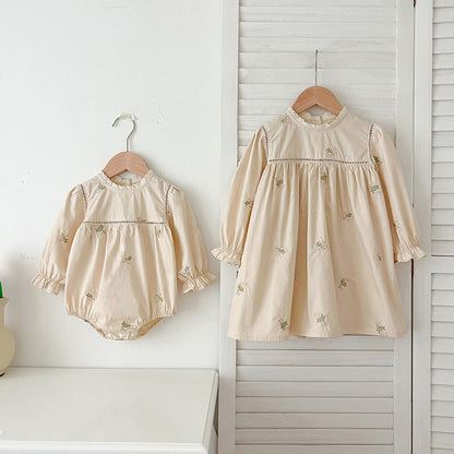 MyKids-USA® Floral Embroidery Pattern Baby Kids Girls Lace Trim Neck bodysuit or Dress – Princess Sister Matching