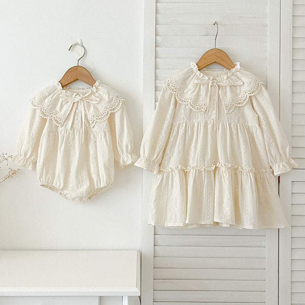 MyKids-USA® Design Floral Embroidery Pattern Baby Kids Girls Bow-Tied Collar bodysuit or Dress – Princess Sister Matching