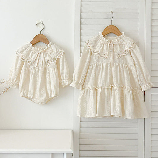 MyKids-USA® Design Floral Embroidery Pattern Baby Kids Girls Bow-Tied Collar bodysuit And Dress – Princess Sister Matching Set
