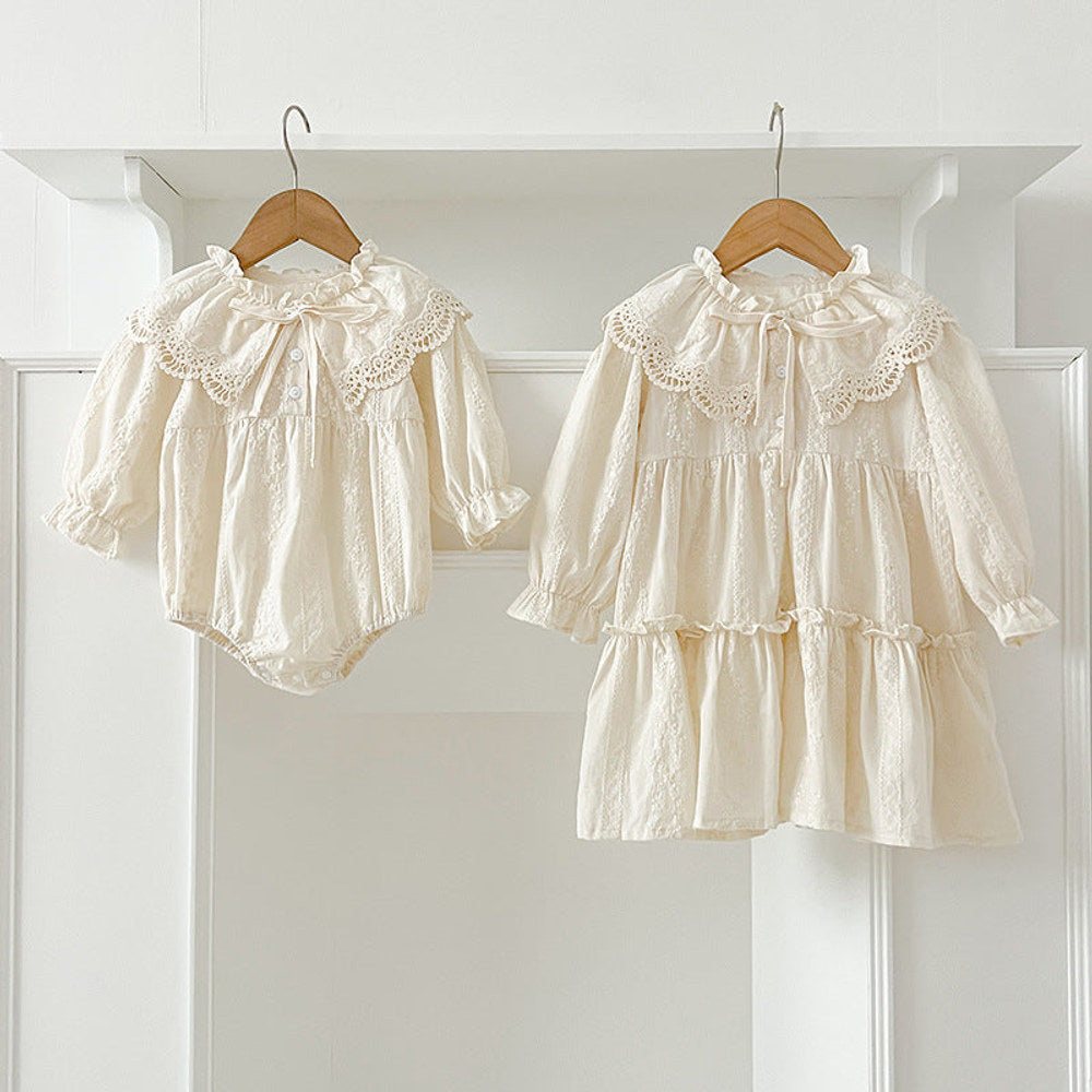MyKids-USA® Design Floral Embroidery Pattern Baby Kids Girls Bow-Tied Collar bodysuit or Dress – Princess Sister Matching