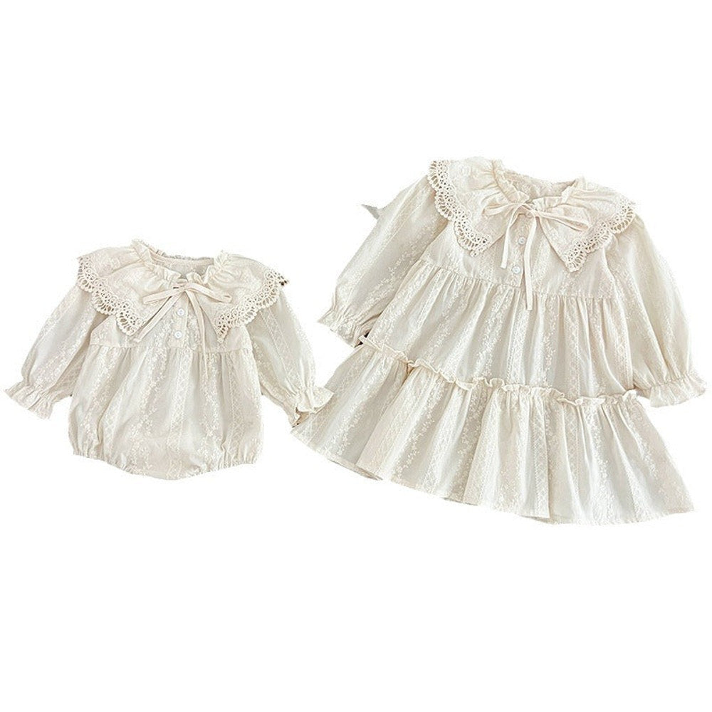 MyKids-USA® Design Floral Embroidery Pattern Baby Kids Girls Bow-Tied Collar bodysuit or Dress – Princess Sister Matching