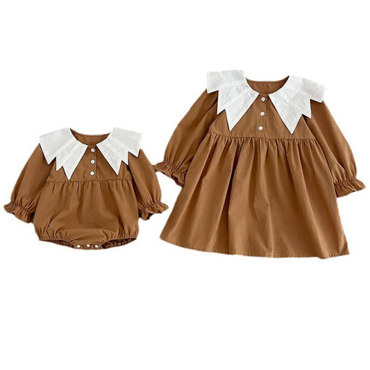 MyKids-USA® Design Color Patchwork Baby Kids Girls Bat-Wings Shaped Collar bodysuit And Dress – Princess Sister Matching Set