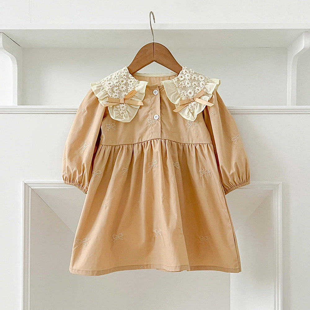 MyKids-USA® Bows Pattern Design Long Sleeve Daisy Flowers Embroidery Collar bodysuit And Dress
