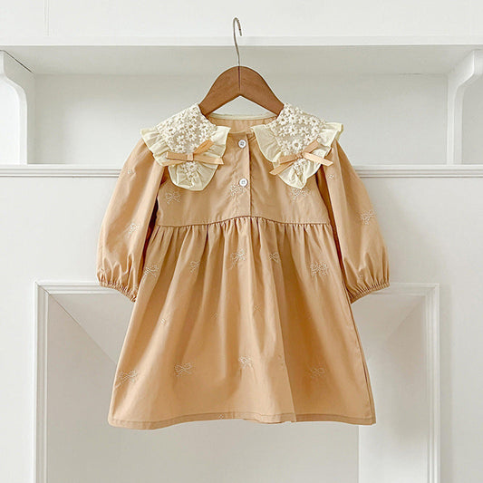 MyKids-USA® Bows Pattern Design Long Sleeve Daisy Flowers Embroidery Collar bodysuit And Dress
