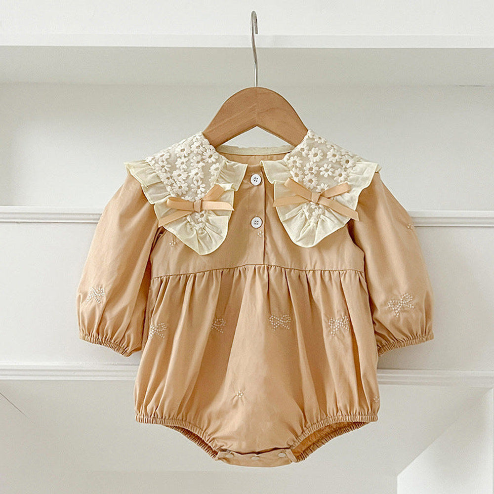 MyKids-USA® Bows Pattern Design Long Sleeve Daisy Flowers Embroidery Collar bodysuit And Dress