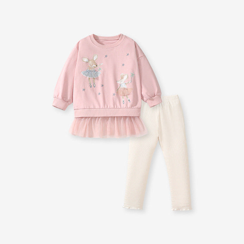 MyKids-USA® Girls Cartoon Dancers Pattern Long Sleeves Crew Neck Top Sweatshirt Design Dress And Pants Clothing Set