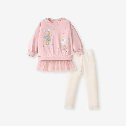 MyKids-USA® Girls Cartoon Dancers Pattern Long Sleeves Crew Neck Top Sweatshirt Design Dress And Pants Clothing Set