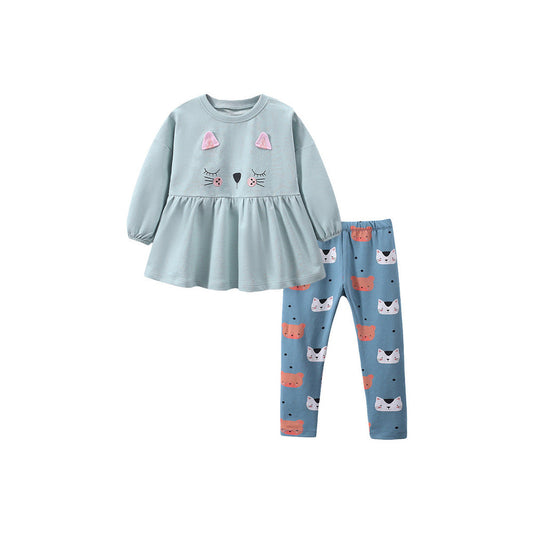 MyKids-USA® Girls Cartoon Cats Pattern Long Sleeves Crew Neck Top Dress And Pants Clothing Set