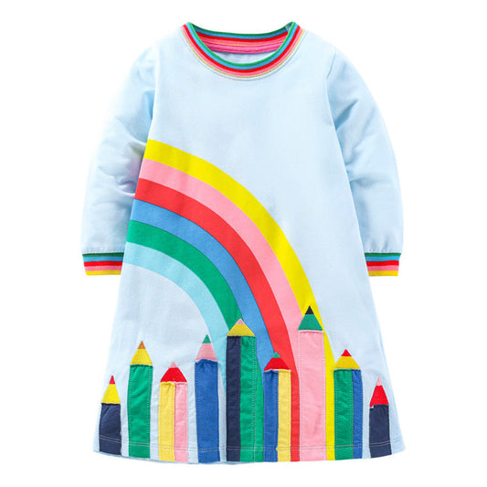 MyKids-USA® Design Autumn Girls Vivid Colorful Pencils And Rainbow Pattern Long Sleeves Dress