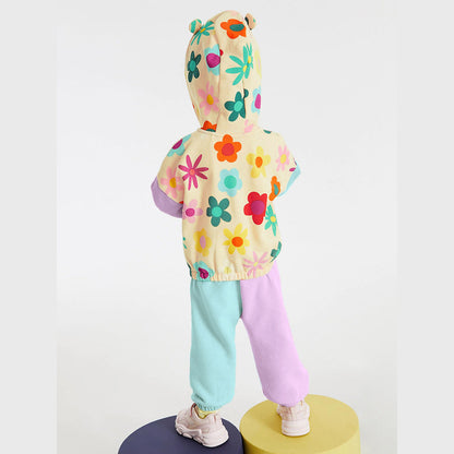 MyKids-USA® High Quality Girls Colorful Flowers Pattern Color Patchwork Long Sleeves Top Hoodie And Pants Clothing Set