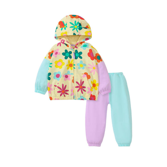 MyKids-USA® High Quality Girls Colorful Flowers Pattern Color Patchwork Long Sleeves Top Hoodie And Pants Clothing Set