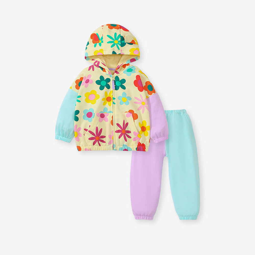 MyKids-USA® High Quality Girls Colorful Flowers Pattern Color Patchwork Long Sleeves Top Hoodie And Pants Clothing Set