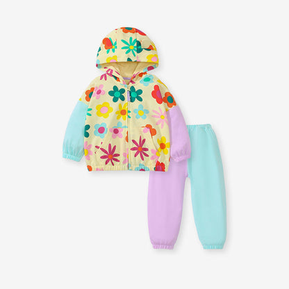 MyKids-USA® High Quality Girls Colorful Flowers Pattern Color Patchwork Long Sleeves Top Hoodie And Pants Clothing Set