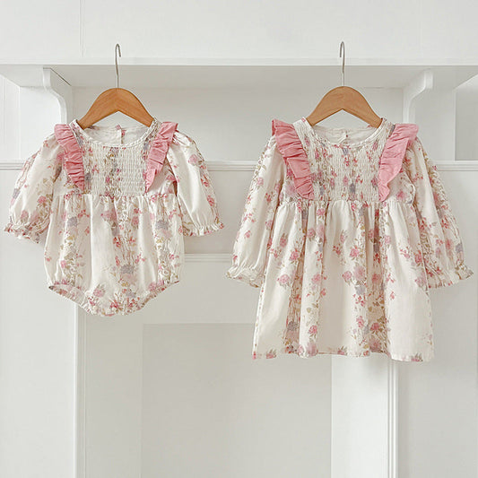 MyKids-USA® Pink Floral Print Baby Kids Girls Crew Neck bodysuit and Dress – Princess Sister Matching Set