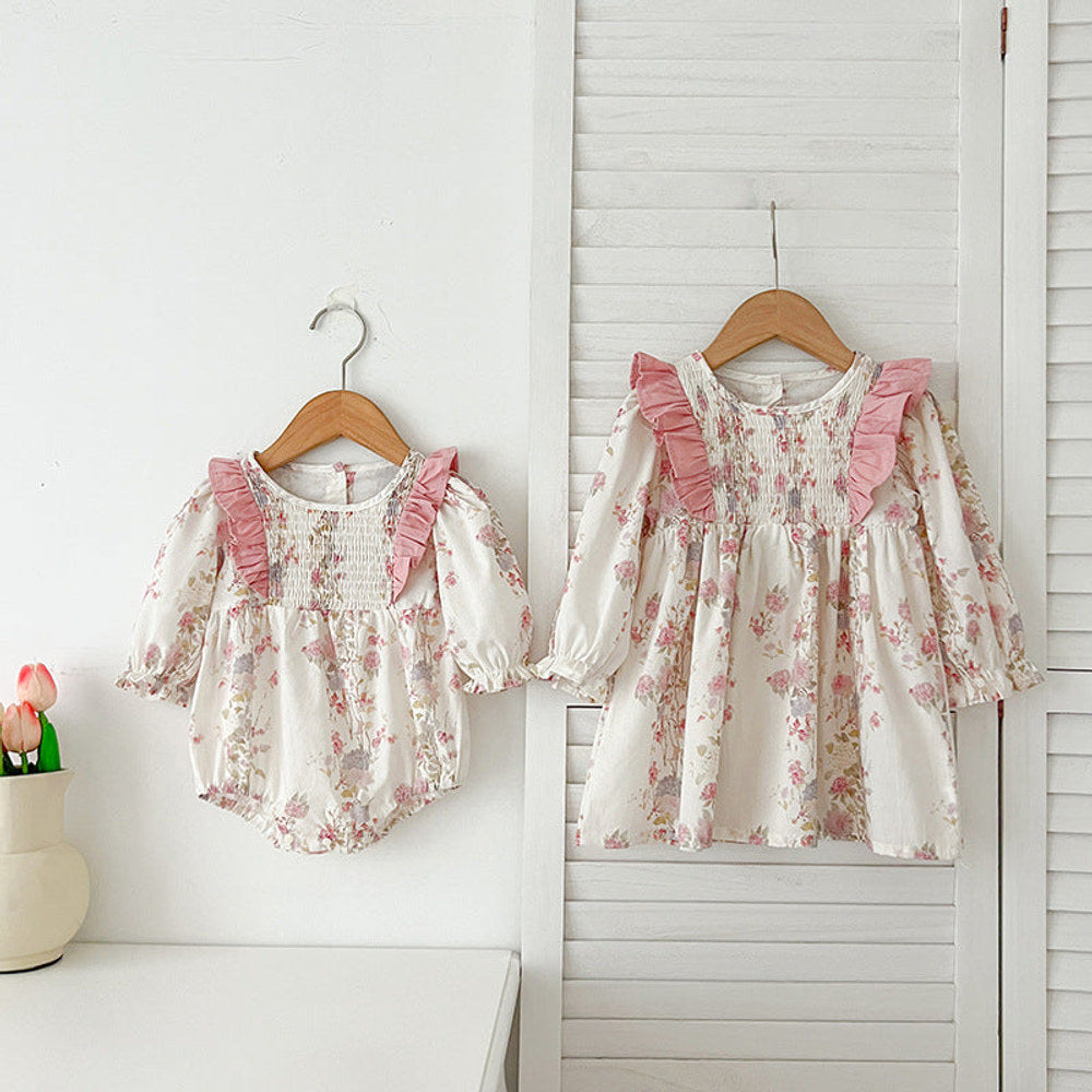 Arrival Autumn Pink Floral Print Baby Kids Girls Crew Neck bodysuit and Dress – Princess Sister Matching Set