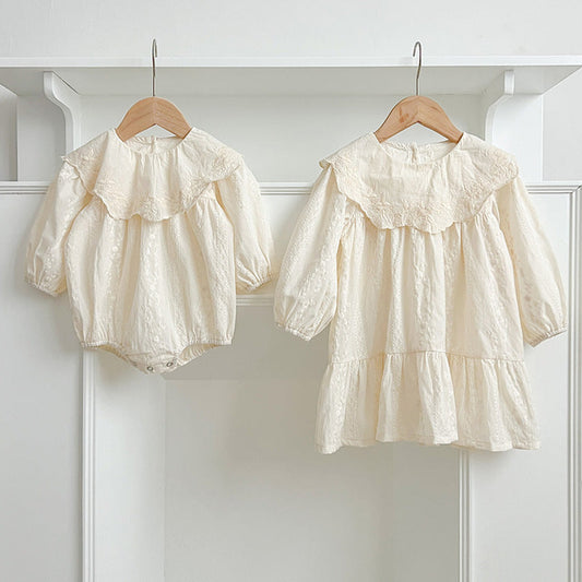 MyKids-USA® Baby Kids Girls Solid Color Flowers and Geometric Pattern Embroidery Long Sleeves bodysuit and Dress – Princess Sister Matching Set