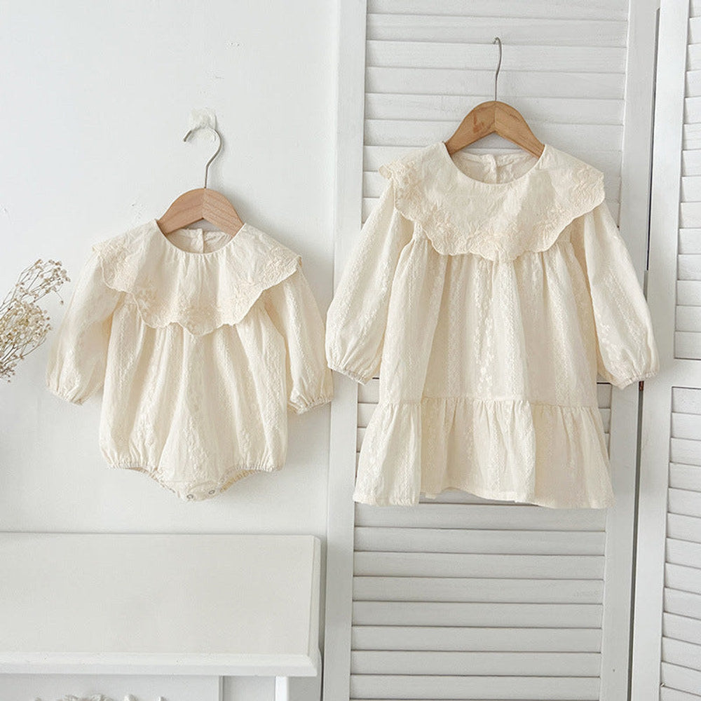 MyKids-USA® Baby Kids Girls Solid Color Flowers and Geometric Pattern Embroidery Long Sleeves bodysuit or Dress – Princess Sister Matching