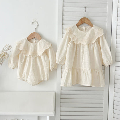 MyKids-USA® Baby Kids Girls Solid Color Flowers and Geometric Pattern Embroidery Long Sleeves bodysuit or Dress – Princess Sister Matching