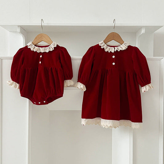MyKids-USA® Baby Kids Girls Patchwork Lace Trim Long Sleeves bodysuit and Dress with Cute Collar – Princess Sister Matching Set