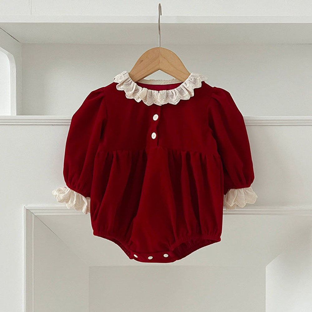MyKids-USA® Baby Kids Girls Patchwork Lace Trim Long Sleeves bodysuit or Dress with Cute Collar – Princess Sister Matching